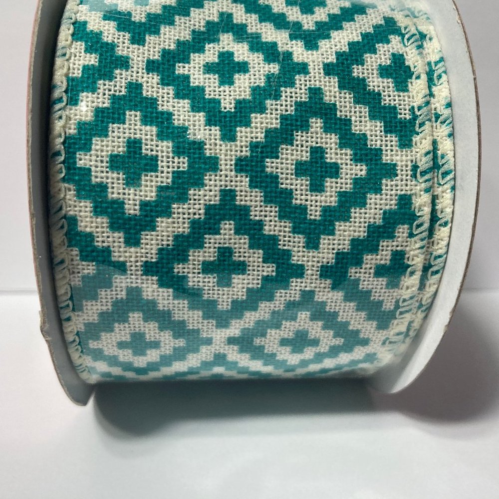 3 Wired Ribbon 2.5" 25' Green Diamond Tribal Aztec